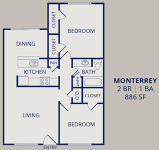Monterrey - 2 Bedroom -1 Bath - 886 Sq. Ft.*